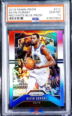 Kevin Durant 2019 Panini Prizm Red/White/Blue Prizm #210 PSA 10 front